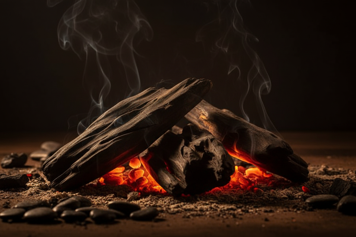image of black oud wood and glowing embers