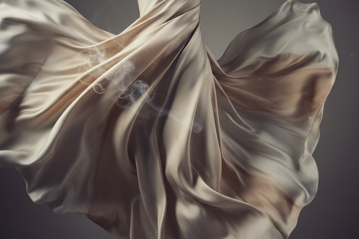 Silk-like fabric folds with faint smoke, refined luxury mood