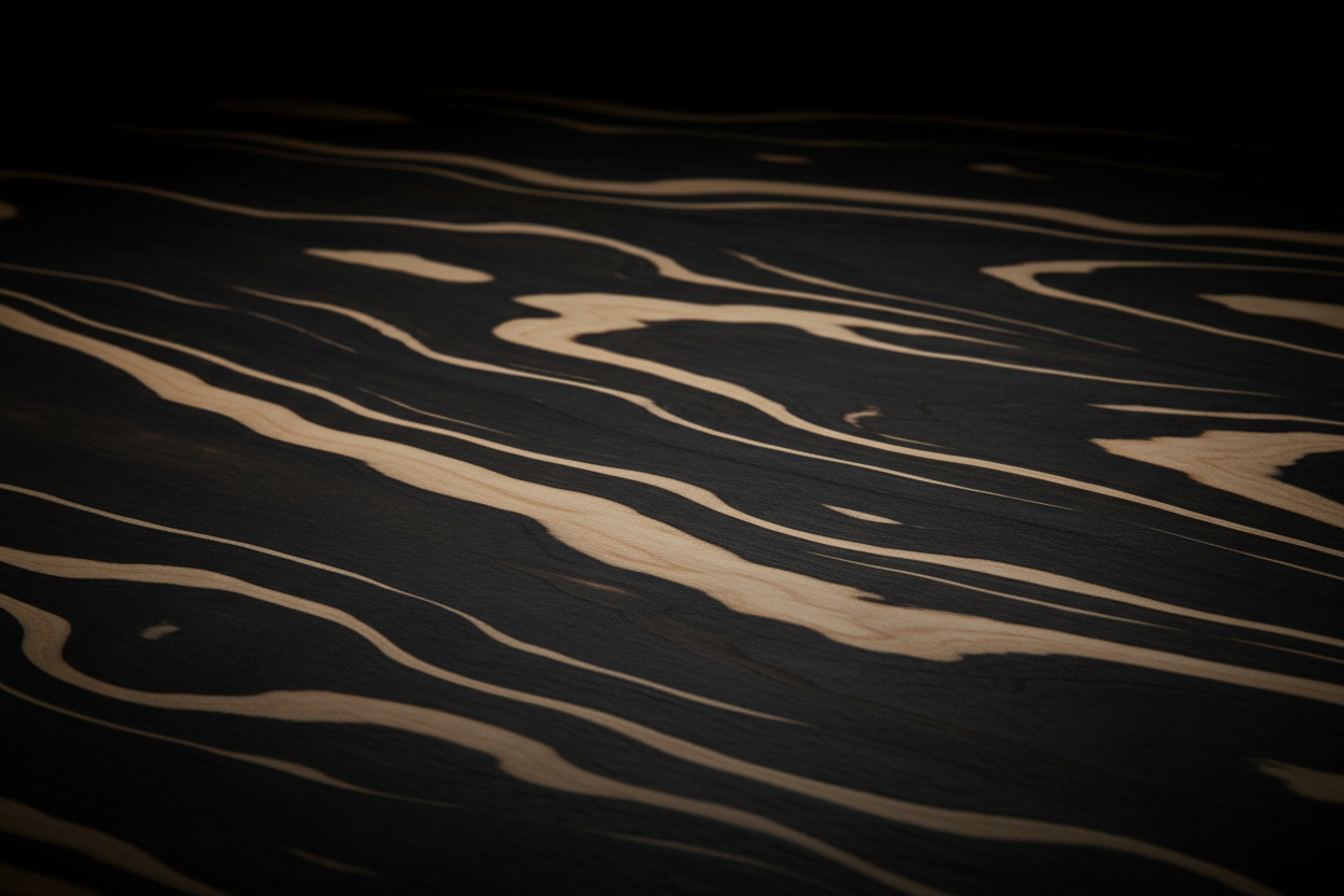 Abstract wood grain with creamy beige accents, dark minimal background, subtle shadows, refined masculine mood