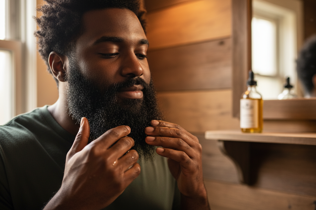 black man applying beard oil to a full length beard