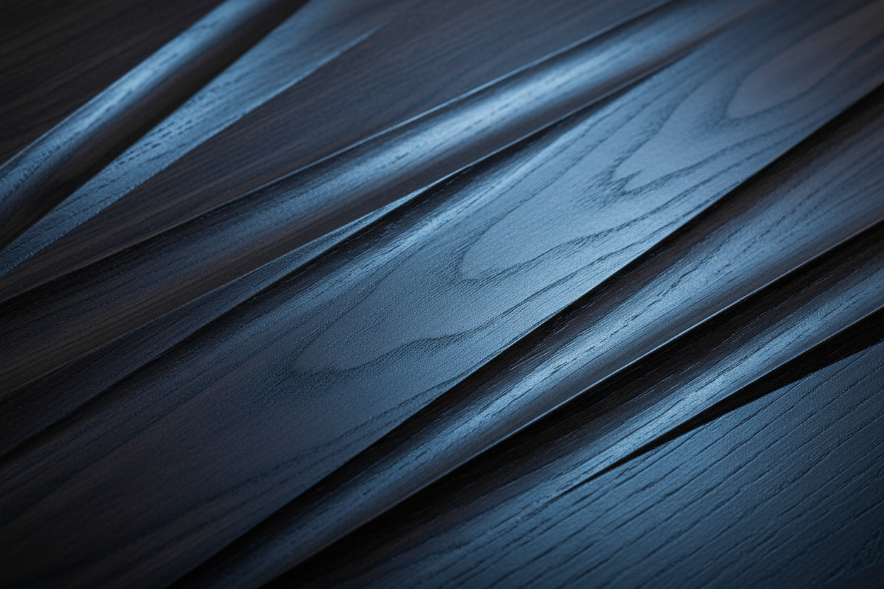 Clean dark wood grain with sharp lines, cool lighting, refined modern mood