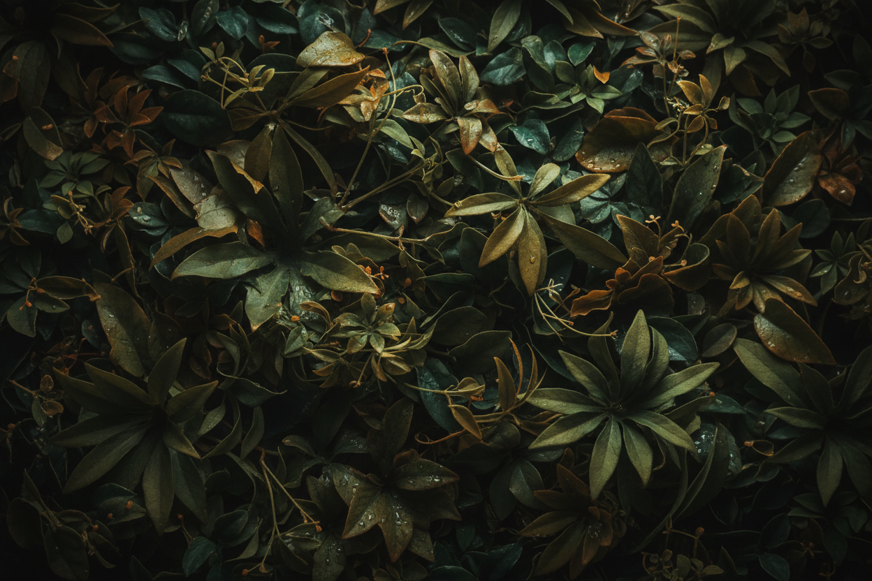 Dark green botanical texture with warm undertones, low light, premium organic aesthetic