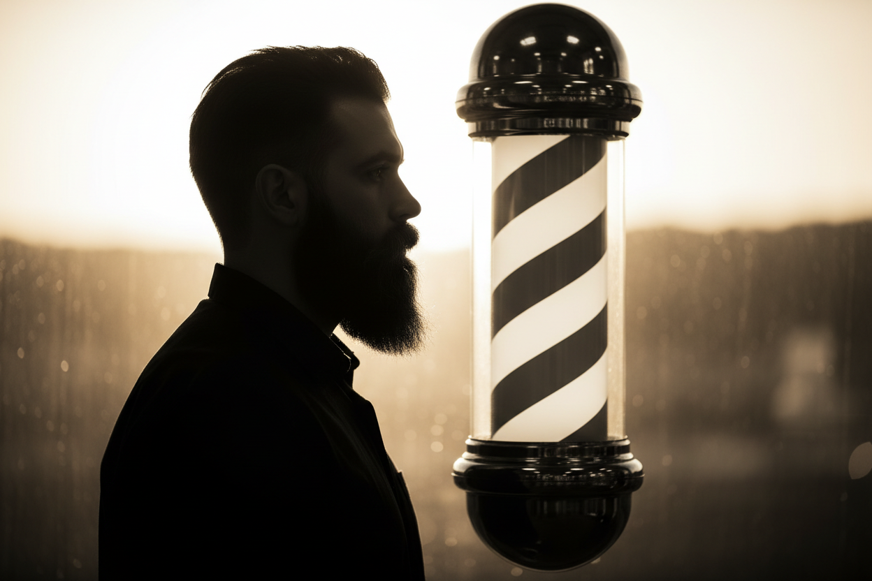 image of a silhouetted bearded man in front a barber pole