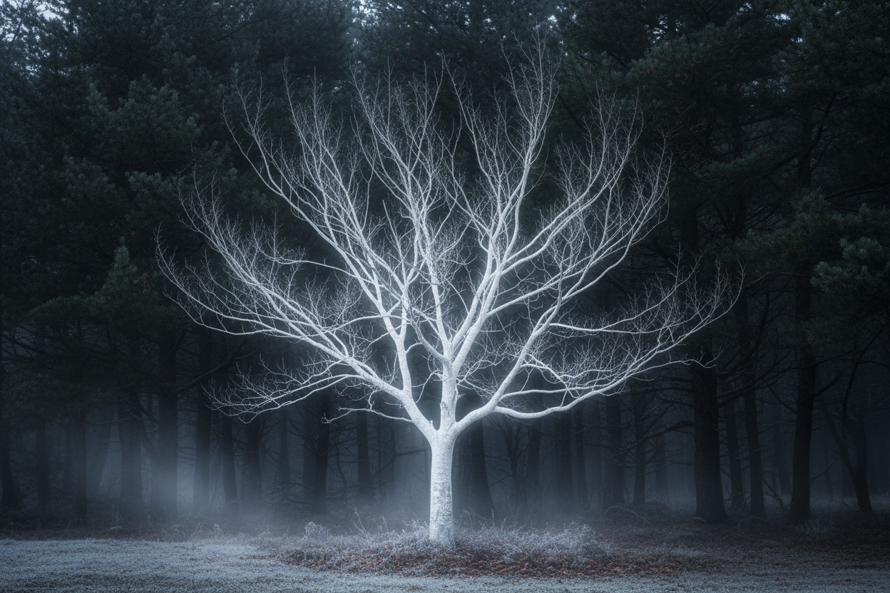 leafless, majestic ivory tree against a backdrop of a dark forest