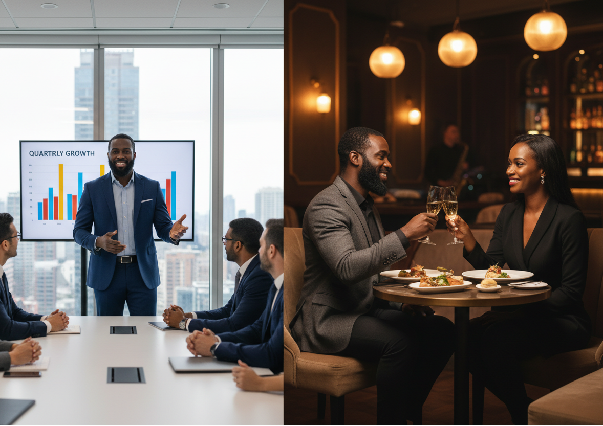 split image of a bearded black man at work leading a team and another image of him enjoying the night life with a date