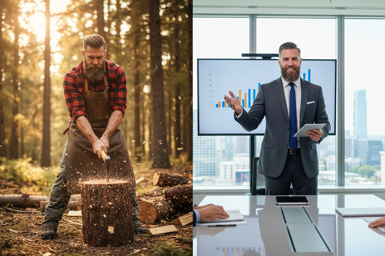 split image of a bearded man chopping firewood in the forest and another image of that same man in a suit and a meeting